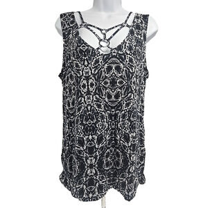 Rock & Republic Womens Tank Top Black Snake Open Work Metal Neckline Size Large